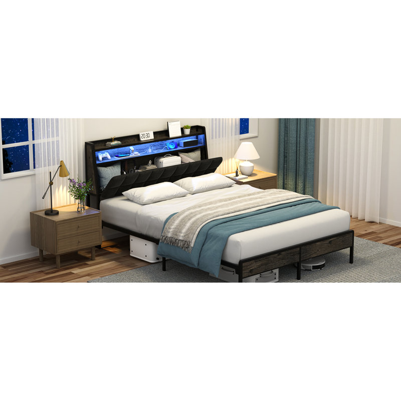 Base de lit pleine grandeur en métal, tête de lit ergonomique, rangement multifonctionnel, système d'éclairage à DEL, prises de recharge, modernisation de chambre à coucher essentielle