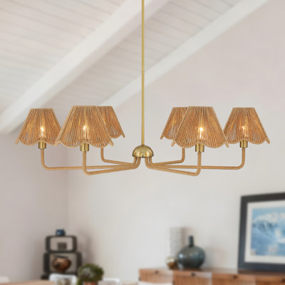 Lustre 6 lumières de style bohémien de 38,98 po avec abat-jour en rotin tissé à la main pour îlot de cuisine, salle à manger, vestibule, pouvant être installé sur un toit incliné