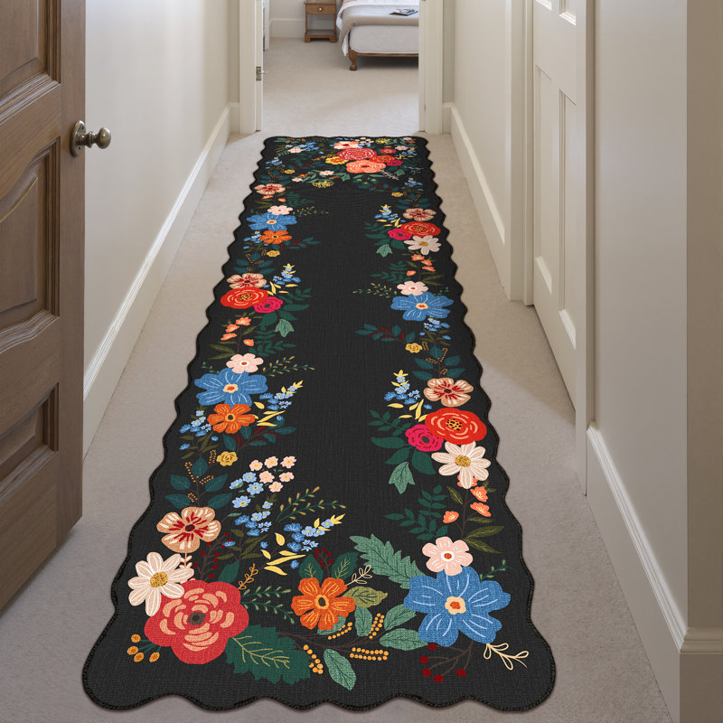  Cherry Machine Washable Floral Black Area Indoor Rug, Runner 2' x 8'