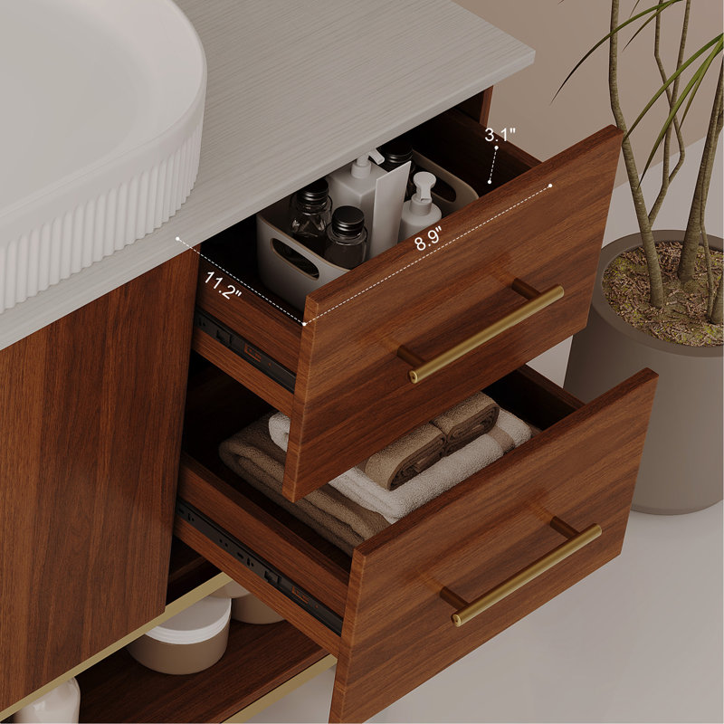 Meuble-lavabo moderne de 36 po avec lavabo vasque en céramique, armoire d'appoint dorée, Ovale, Noyer
