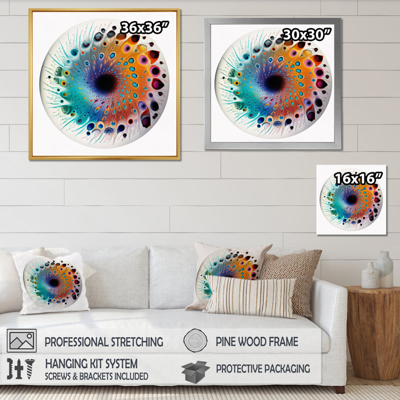 «Soft Coloured Cymatics Mandala» sur toile, Cadre flottant blanc, H 16 po x l 16 po x P 1 po
