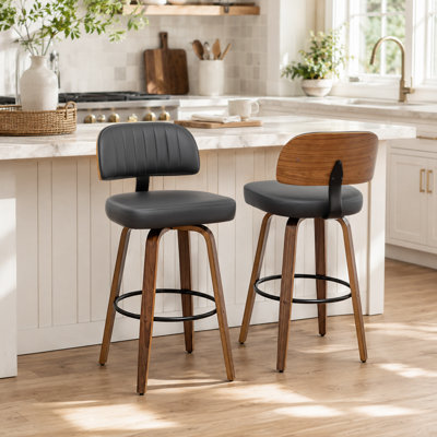 Tabourets de comptoir pivotants rembourrés en cuir de polyuréthane de style Mid-Century avec dossier courbé en bois