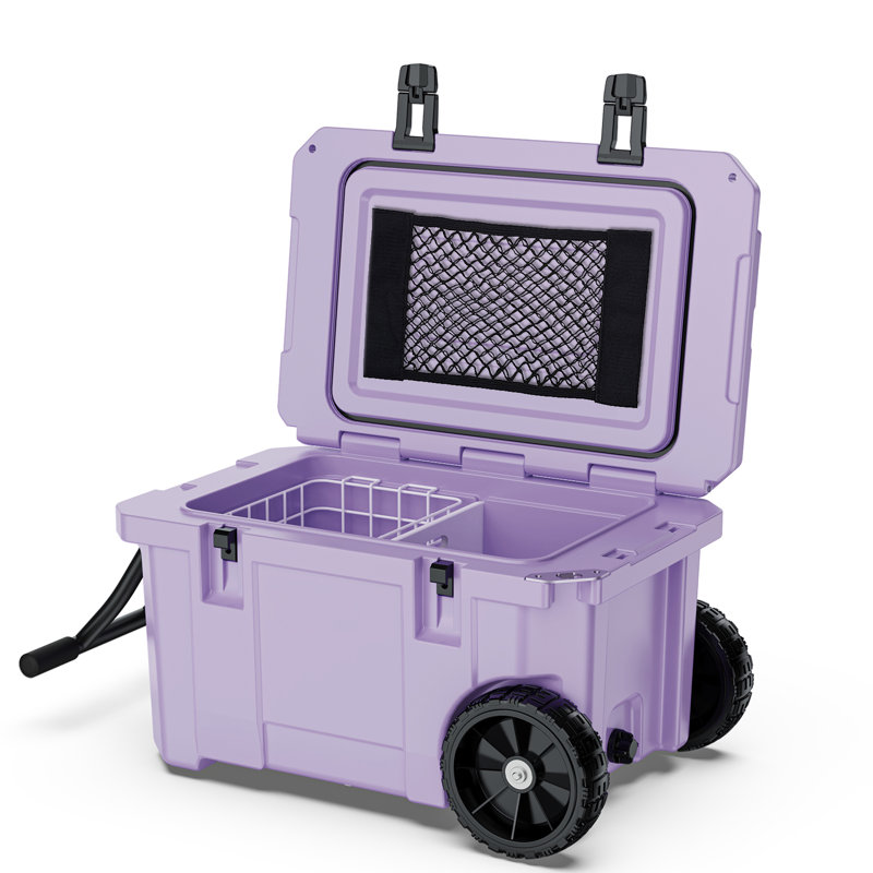 55 Quart Cooler With Wheels, Ice Chests Portable Camping Cooler Holds Ice Up To 6 Days, Leak-proof Outdoor Insulated Cooler With Handle, Cup Holders, Hard Cooler For Camping, Beach, Boat