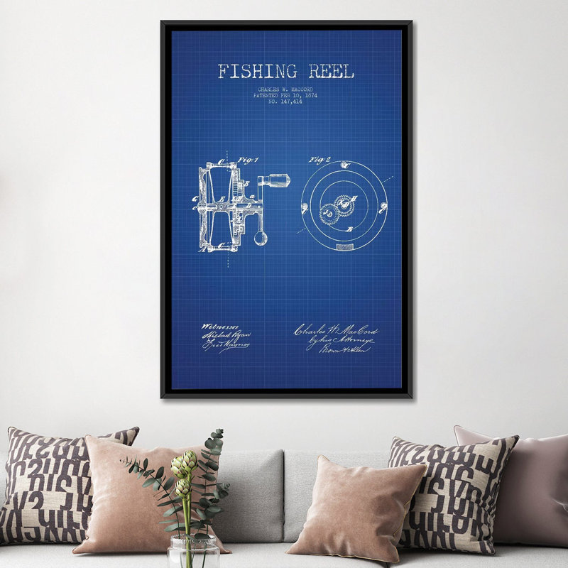 " Charles W. MacCord Fishing Reel Patent Sketch (Blue Grid) " by Aged Pixel, 26" H x 18" W x 1.5" D, Black Framed Canvas