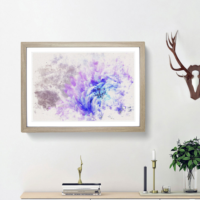 Lilac and Blue Chrysanthemum Watercolour - Picture Frame Graphic Art Print, Oak Framed, 45cm H x 63cm W x 2cm D