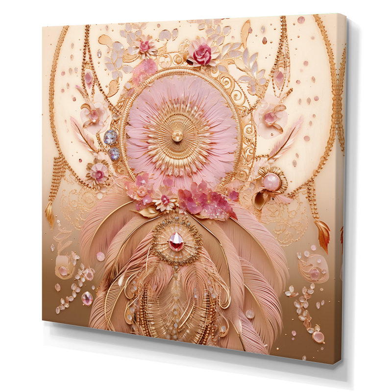Impression sur toile Boho Glam Pink and Gold Dreamcatcher I, H 36 po x l 36 po, Toile tendue