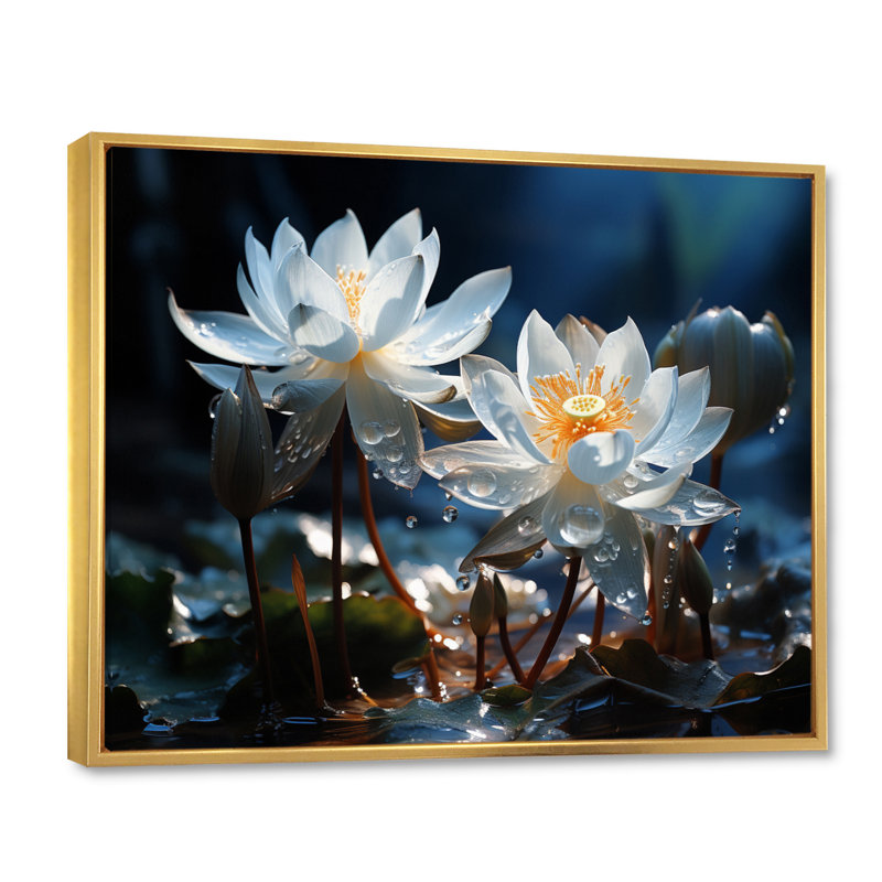 «White Yellow Lotus Field V», reproduction sur toile, Cadre flottant doré, H 34 po x l 44 po x P 1,5 po