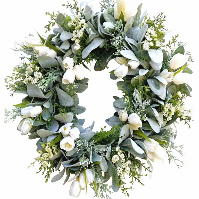 Couronne de tulipe blanche artificielle de 19,7 pouces, couronne de fleurs d'eucalyptus pour la porte d'entrée, couronne de bienvenue toutes saisons pour porche de fenêtre murale pour la maison