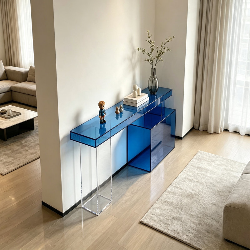 Console moderne en acrylique transparent bleu, H 29,53 po x l 47,24 po x P 11,81 po