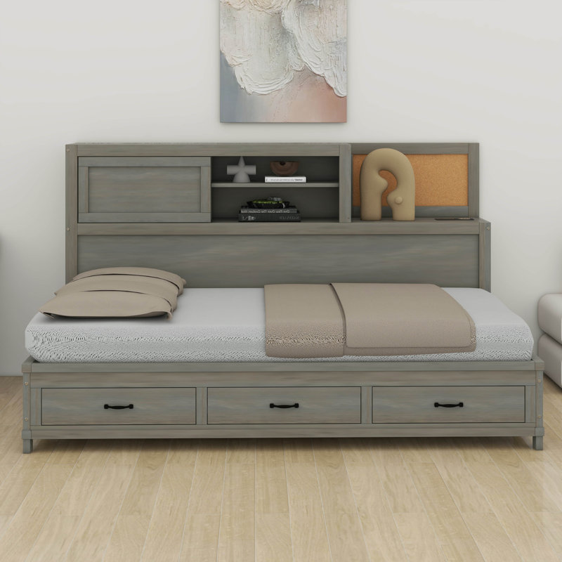 Lit de jour en bois avec 3 tiroirs de rangement, tableau souple supérieur, tablette et ensemble de prises et ports USB, cadre de lit multifonctionnel pour la chambre à coucher