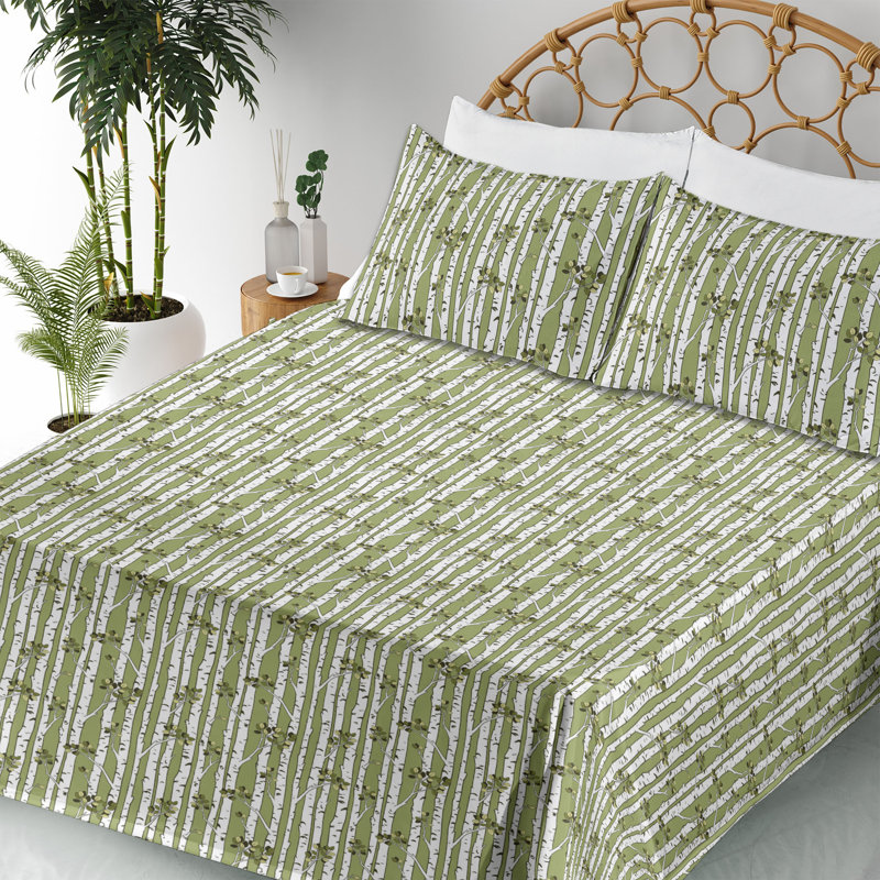 Ambesonne Forest Sheet Set Long Exotic Trees Asia Vibes Pale Olive Green and White, Queen Sheet Set with 2 Pillowcases
