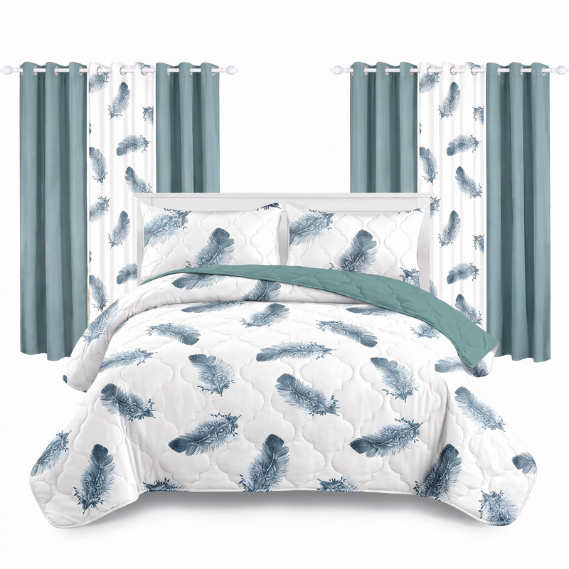 Ensemble de 9 pièces comprenant un couvre-lit et des rideaux matelassés bleu sarcelle à motif plumes, avec 6 panneaux indépendants filtrant la lumière