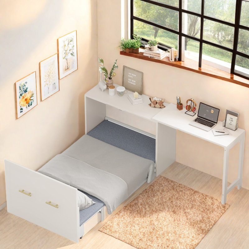 Lit escamotable avec bureau à position réglable et coussin pliable, Blanc