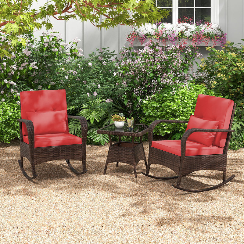 3PCS Outdoor Rocking Set Rattan Rocker Chairs w/ Tempered Glass Coffee Table Wicker Rocker Set, Red