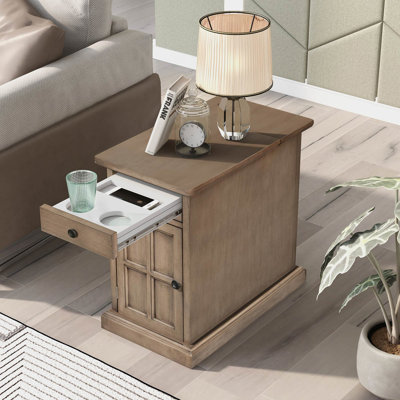 Table d'appoint U-Can Classic Vintage Living Room Table d'appoint avec ports USB et un tiroir multifonctionnel avec porte-gobelets