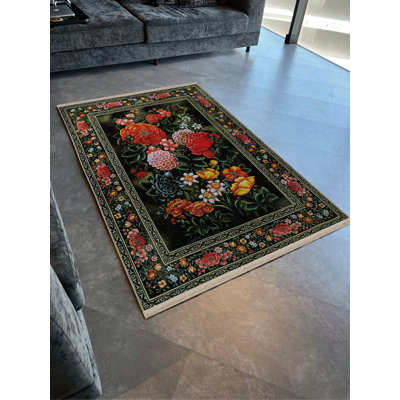 Tapis décoratif frangé multicolore à motif de feuilles et de roses