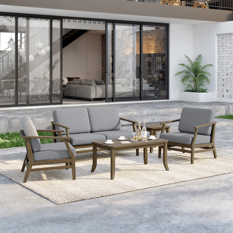 Clinkscales Teak Outdoor Four-person Patio Set with Cushions and Two Tables, Brown, Gray