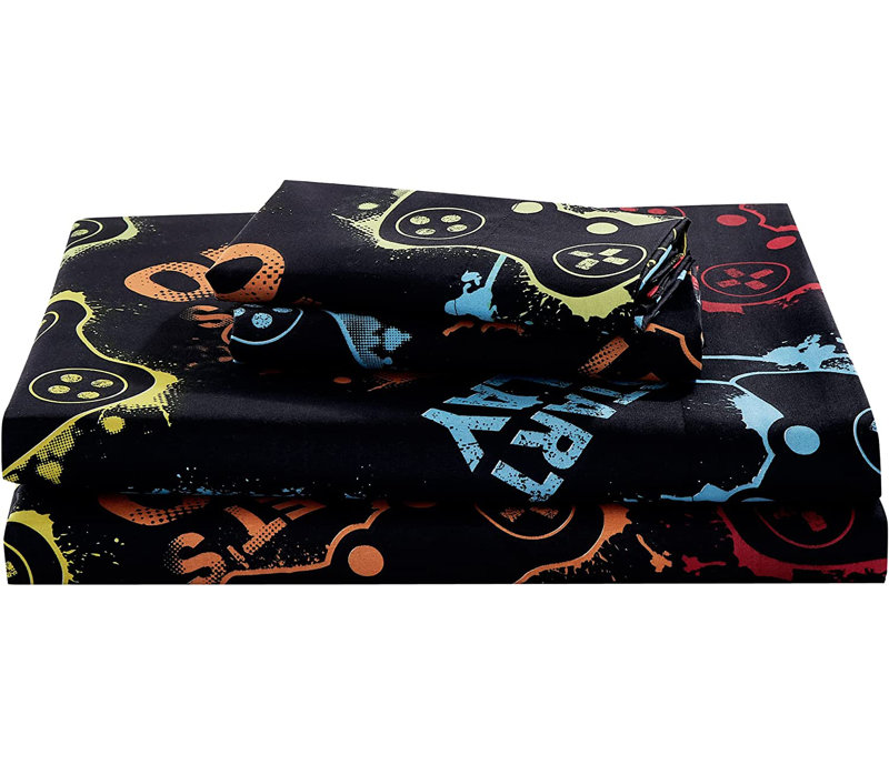 Fun Kids Teens Microfiber Sheet Set, Full Sheet Set with 2 Pillowcases, Black Gamepad
