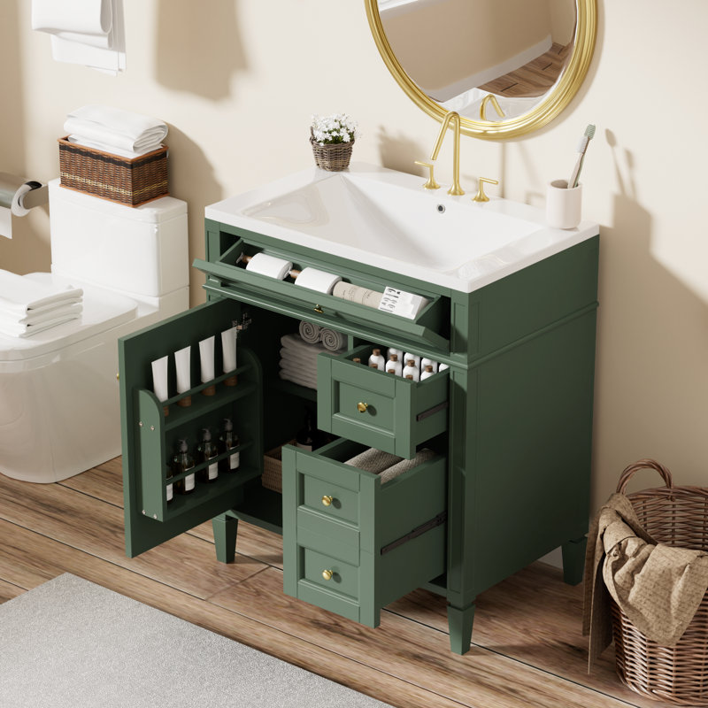  30 Inch Bathroom Vanity with Sink, Modern Storage Cabinet with 2 Drawers and Tip Out Drawer, Green, Green