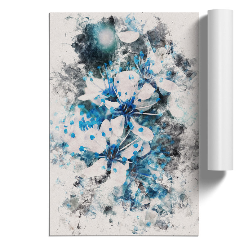 Blue Cherry Tree Flowers Watercolour - Frameless Print, 84cm H x 59cm W x 0.1cm D