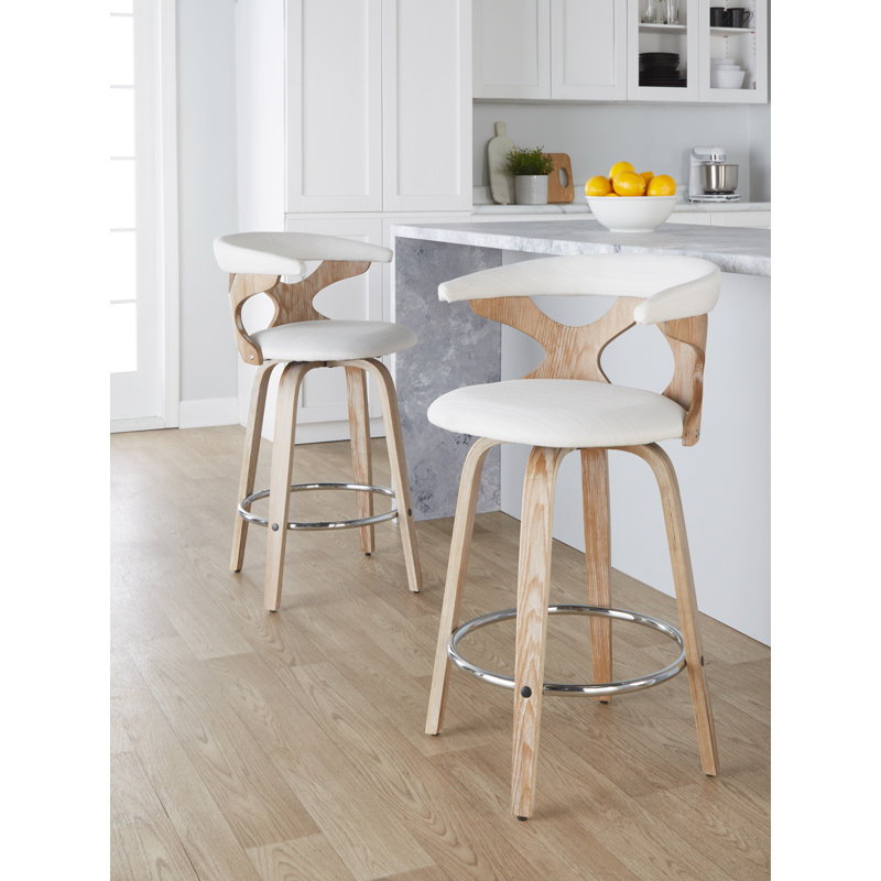 Tabourets de bar Laquietta 26 po à hauteur fixe avec pieds en bois courbé et repose-pieds rond, Crème