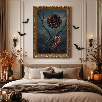 Toile murale d'Halloween représentant une fougère cuivrée en spirale, avec des branches épineuses et des fleurs sombres.