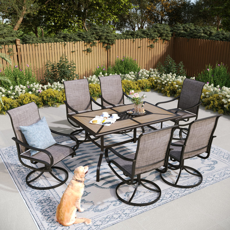 6-person Outdoor Patio Dining Sets Wood-like Table With Sling Swivel Chairs, Brown