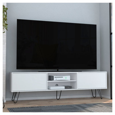 TV Stand, Entertainment Unit With Hinged Drawers And Hairpin Legs