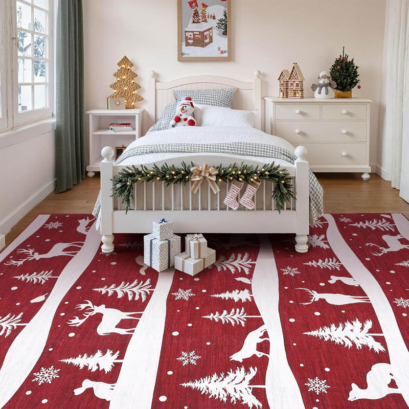 8x10 Christmas Area Rug with Tree Reindeer Snowflake, Washable Non Slip Rug, Red, Red, Rectangle 8' x 10'