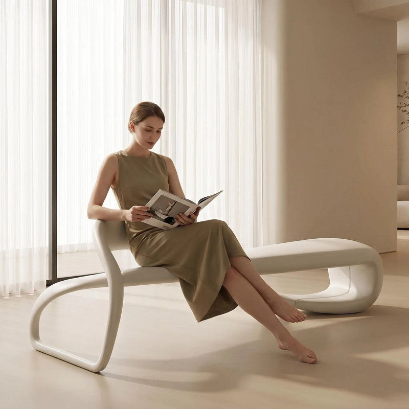 Repose-pieds moderne en similicuir rembourré, banc de bout blanc cassé, H 16,14 po x l 59,06 po x P 18,11 po