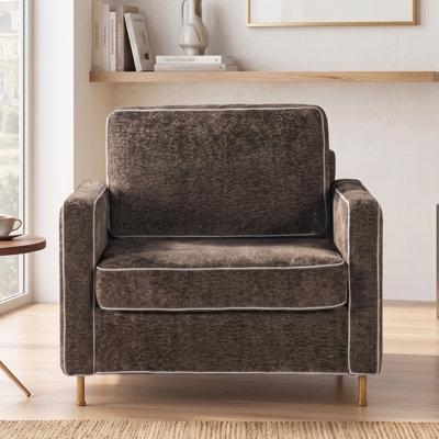 Canapé simple rembourré en chenille de 42,1 po avec accoudoirs carrés, dossier rembourré et pieds en fer jaune pour salon, chambre à coucher et coin lecture, beige