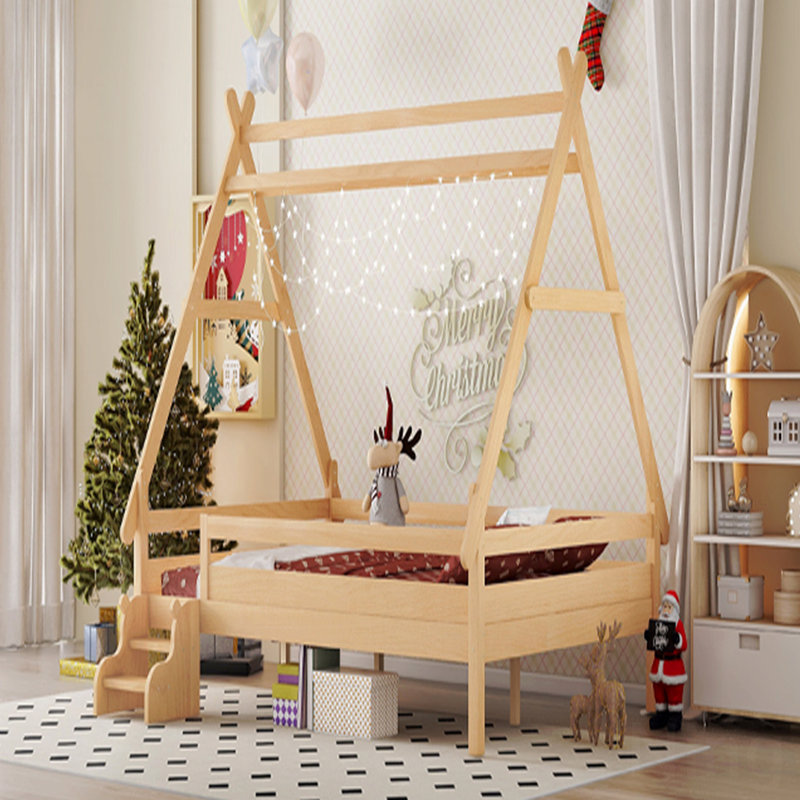 Structure de lit plateforme double avec escalier, matériau en bois massif, structure de lit simple, profil bas et design amusant enfantin, finition naturelle