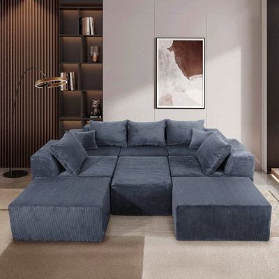 8-Piece Modular U-Shaped Sectional Sofa, Large Convertible Couch With Oversized Chaise Lounge And Bed, Luxury Corduroy Upholstery, No Assembly Needed, Family Sofa Set For Living Room,Grey