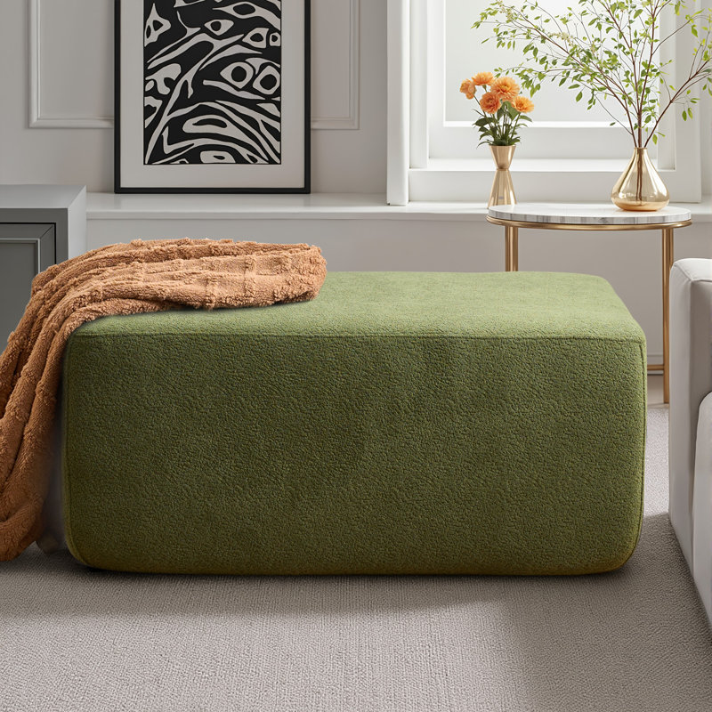 37.01'' Wide Fluffy Ottoman, Plush Accent Pouf, For Modern Interior Design, Green Teddy