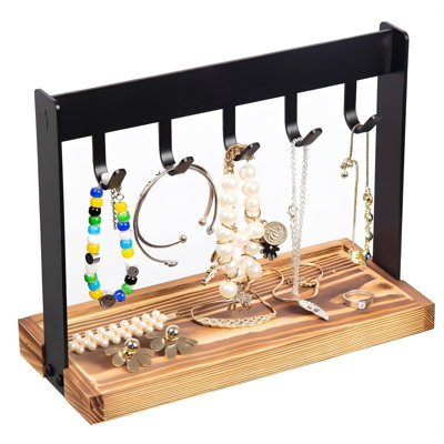Metal 5-Hook Table Key Holder Torched Wood Base Rustic Industrial Tabletop Countertop Organizer Matte Rack Hanging Hooks Burnt Wooden Bottom Slot Rings Coins Accessories Jewelry Daily Supplies