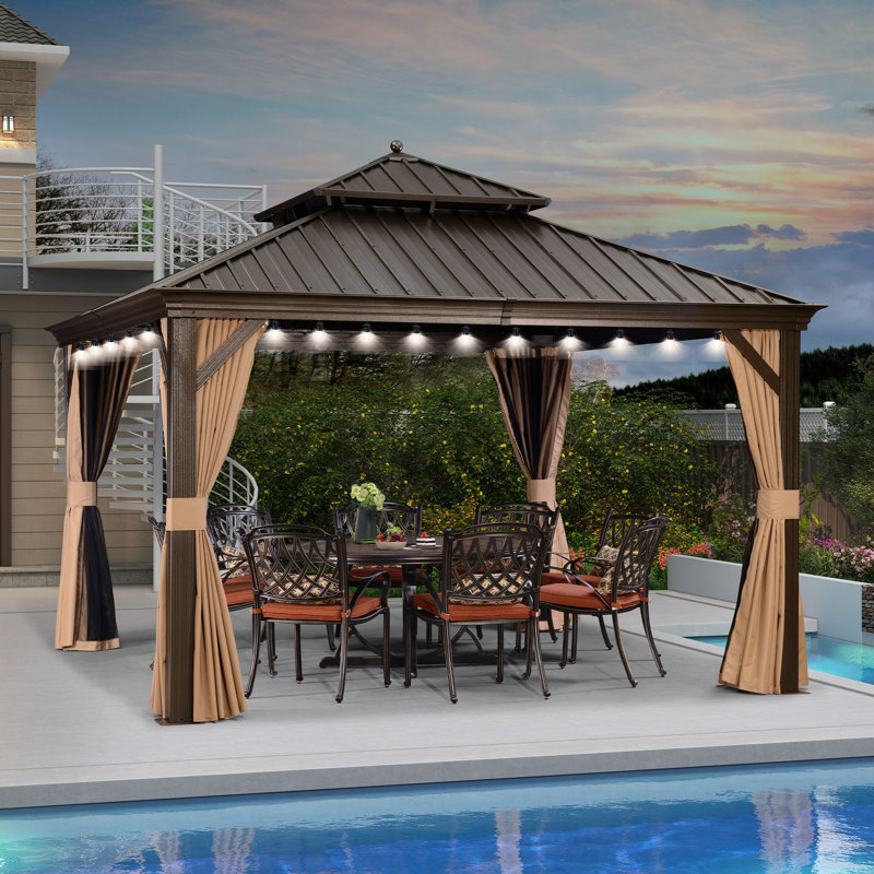 PURPLE LEAF Hardtop Gazebo 12' X 12' with Netting and Curtains Patio Gazebos with String Lights