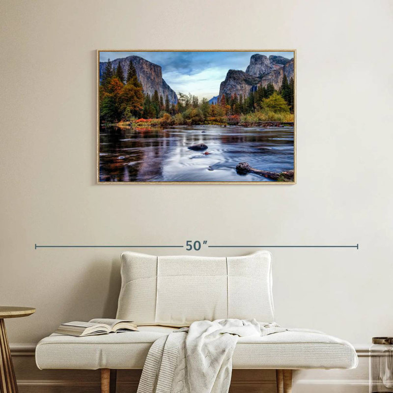 Rivière Yosemite Autumn, Cadre flottant en bois naturel, 37 po x 25 po