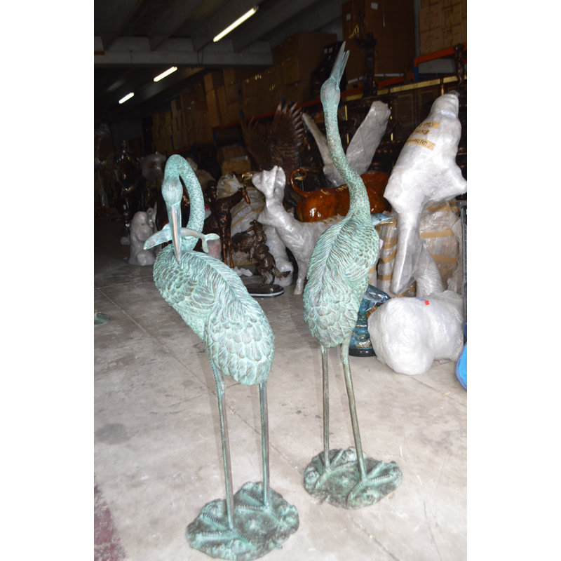 Pair of Cranes Fountain Bronze Statue, Weather Resistant Metal Sculpture Fountain, 13"Lx 9.5"Wx 70"H