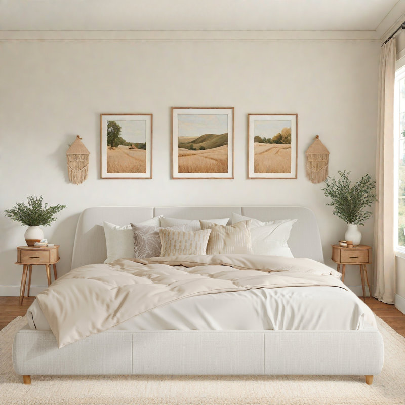 Lit rembourré moderne avec tête de lit confortable, conception encastrée et pieds en bois, Roi