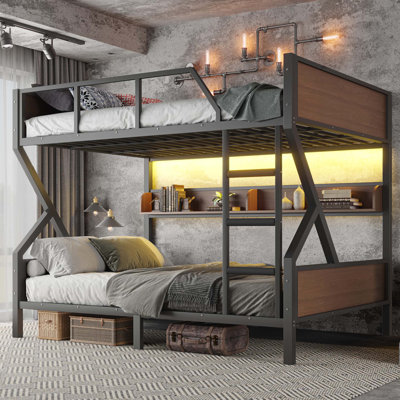 Queen Over Queen Bunk Bed, Metal Bunk Bed With Storage Shelves And Lights, Space-Saving & Noise-Free Design, Black