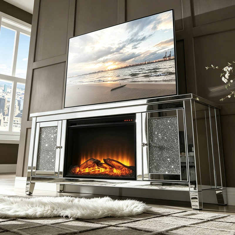Meuble télé rectangulaire à brancher avec foyer électrique