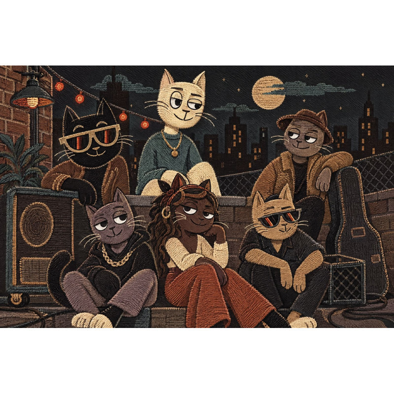 Papier peint Cool Cat Rooftop Jam, fresque murale Brick Wall Night City., 200 po x 120 po, Peler et coller