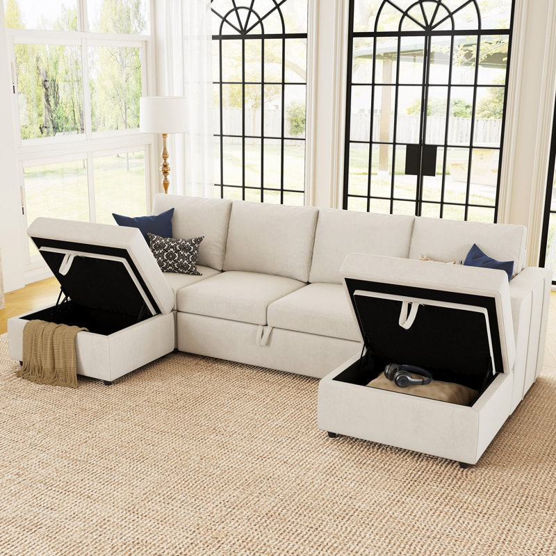 Rafael U Shaped Sofa Set Convertible Large Pull out Sofa Bed Livingroom Sleeper Modular Sectional Couch With Storage Ottoman