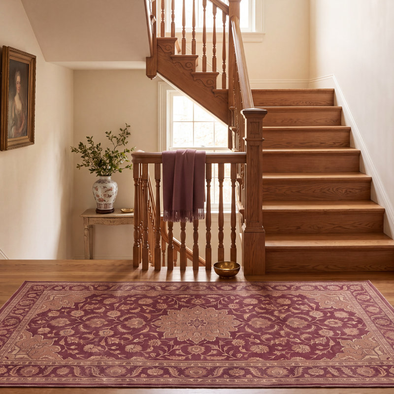 Tapis Basin2 traditionnel à médaillon délavé, style persan, bordeaux, cuivre, vert, crème, rose, lavable à la machine, antidérapant, à poils courts, pour l'intérieur et l'extérieur, adapté aux animaux domestiques, idéal pour le salon, la chambre, la salle à manger, l'entrée, le couloir ou le bureau.