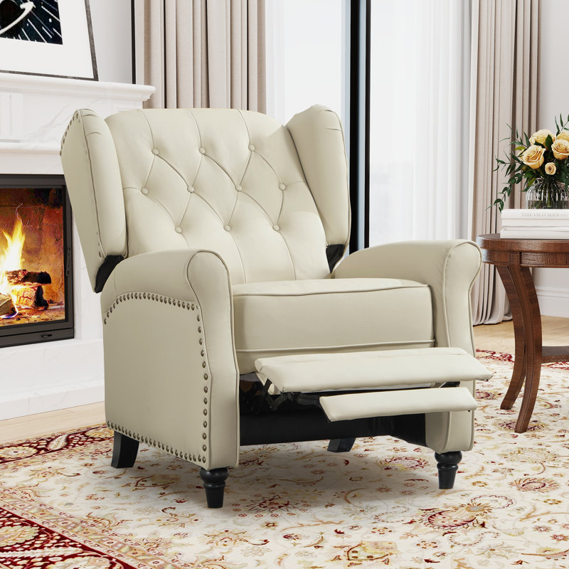 Fauteuil inclinable en cuir fleur 31,1 po de large avec dossier à oreilles (ensemble de 2), Beige crème