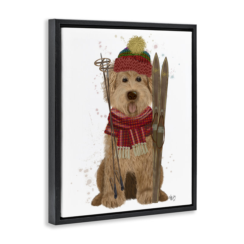 «Dog with Winter Skis» par Fab Funky, H 21 po x l 17 po, Cadre flottant noir de jais