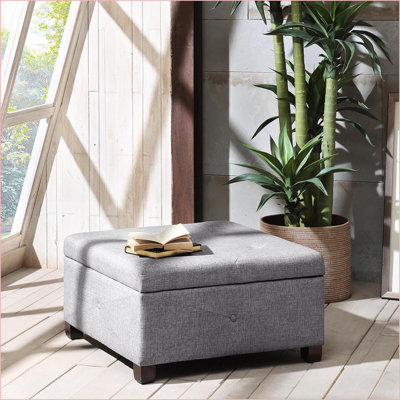 Repose-pieds avec rangement à fermeture en douceur, polyester carré capitonné à boutons 29,5 po | Pieds en bois brun foncé
