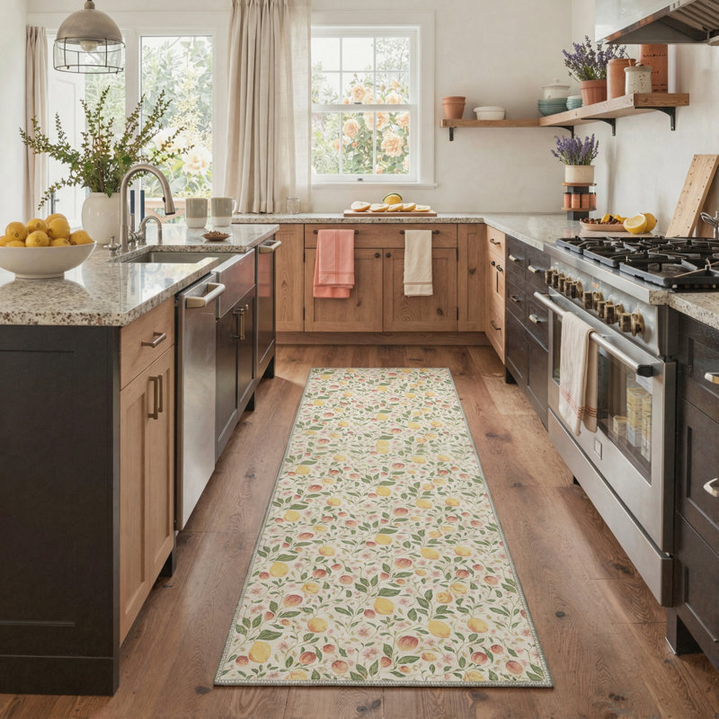 Boho Fruit Foliage Machine Washable Blush Peach Indoor Area Rug With Non-Slip Backing, Runner 2'3" x 6'