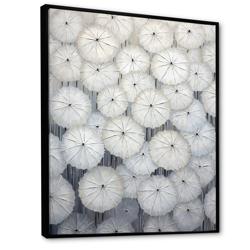 Ciel plein de parapluies blancs I sur toile, Cadre flottant noir, H 32 po x l 24 po x P 1 po