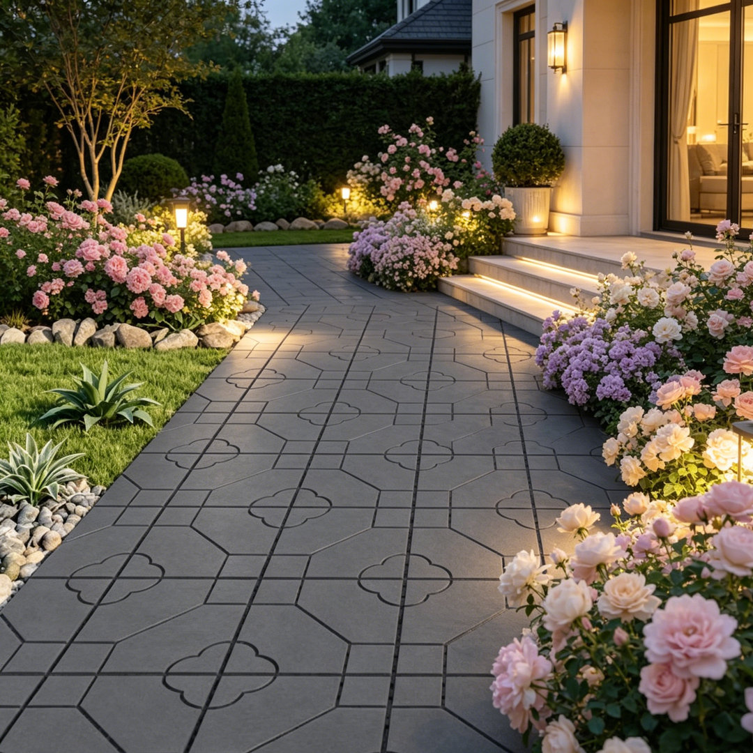 30.5cm x 30.5cm Outdoor Geometric Interlocking Plastic Flooring Tiles includes 44 Tiles, 12 Edge strips, 4 Corner Pieces, and Gloves
